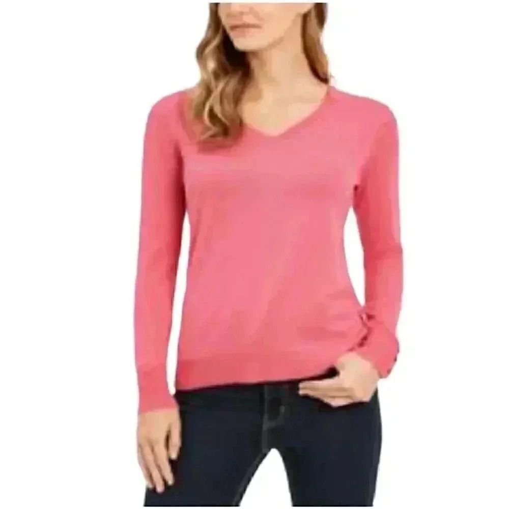 Banana Republic Women's Watermelon Pink Silk/Poly/Cashmere Knit V-Neck Sweater